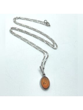 VTG Sterling Amber Pendant & Figaro Link Chain 18” & 1”